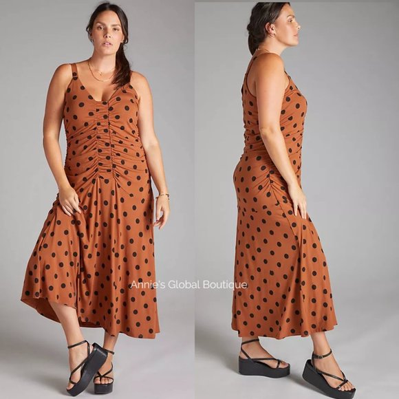 RARE NWT ANTHROPOLOGIE Maeve Ruched Polka Dot Midi Dress. Size L - Picture 11 of 16